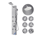 Primary architectural profile of the Aurora III 3-Function Core Recovery Tower in brushed stainless steel, featuring the signature circular rainfall canopy and high-efficiency massage jet array.