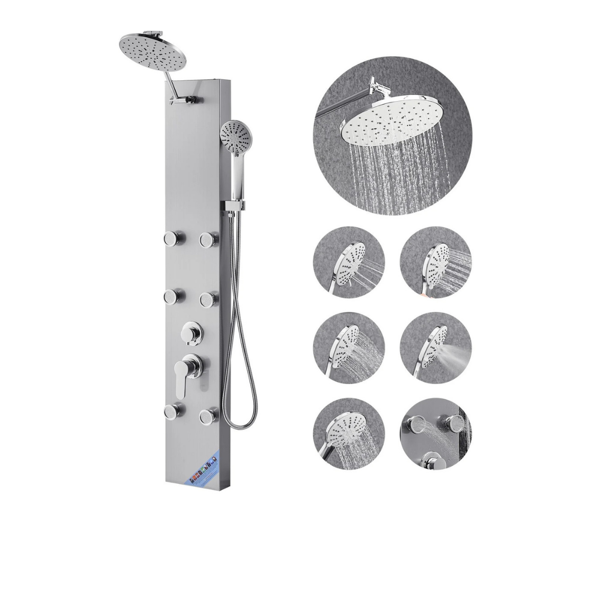 Primary architectural profile of the Aurora III 3-Function Core Recovery Tower in brushed stainless steel, featuring the signature circular rainfall canopy and high-efficiency massage jet array.
