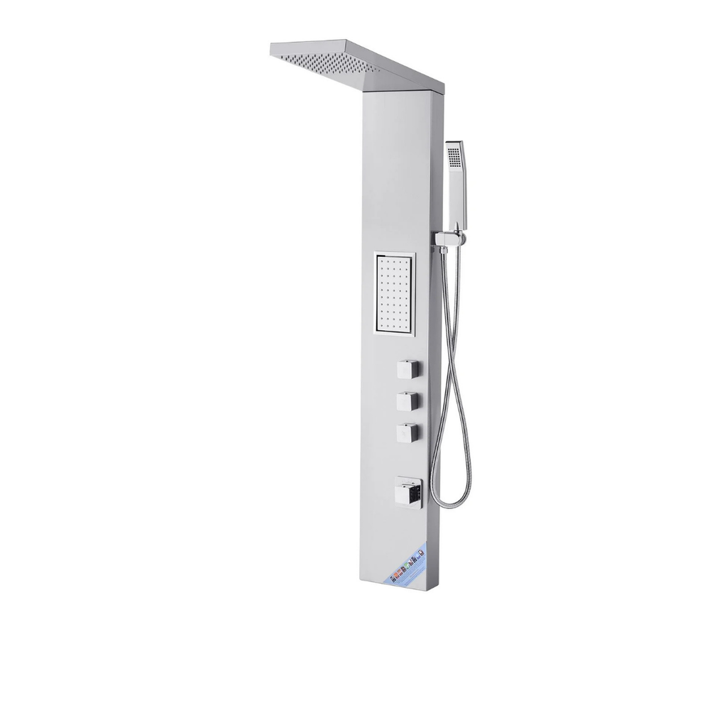 Angled architectural profile of the Aurora III High-Velocity Tower, showcasing the low-profile geometric rainfall canopy and the high-output rectangular massage jet array in brushed 304 stainless steel.