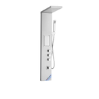 3/4 architectural profile of the Aurora III High-Velocity Tower, showcasing the geometric rainfall canopy, rectangular massage jet array, and digital interface in brushed 304 stainless steel.