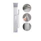 Primary architectural profile of the Aurora III High-Velocity 3-Function Tower in brushed stainless steel, featuring the geometric rainfall canopy and high-intensity rectangular massage jets.