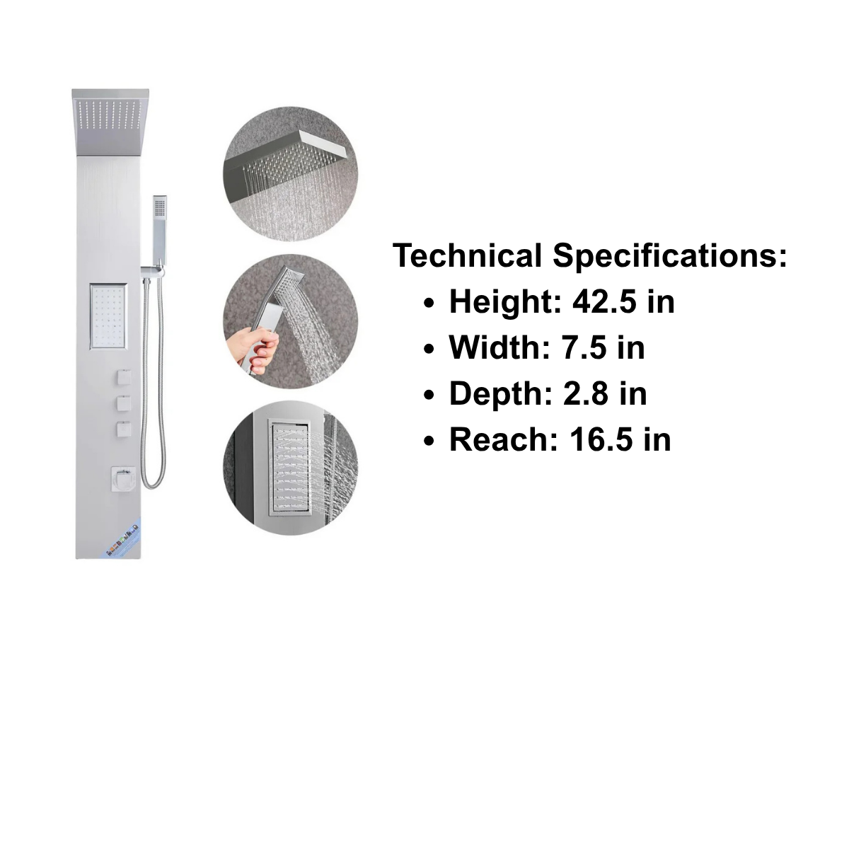 Primary architectural profile of the Aurora III High-Velocity Tower in brushed stainless steel, featuring geometric high-intensity massage jets and a low-profile rainfall canopy.