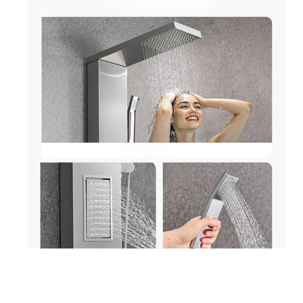 Functional matrix of the Aurora III High-Velocity featuring the geometric rainfall canopy, rectangular large-massage jet, and high-pressure handheld wand in brushed stainless steel.