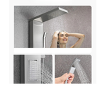 Functional matrix of the Aurora III High-Velocity featuring the geometric rainfall canopy, rectangular large-massage jet, and high-pressure handheld wand in brushed stainless steel.