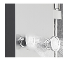 Functional detail of the Aurora III circular massage jets, showcasing the articulating swivel range and pressurized spray pattern in brushed 304 stainless steel.