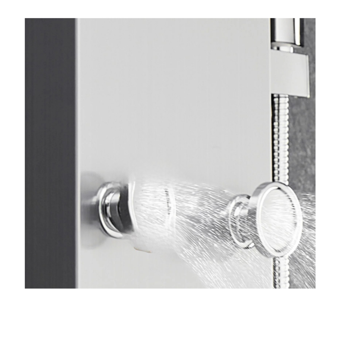 Functional detail of the Aurora III circular massage jets, showcasing the articulating swivel range and pressurized spray pattern in brushed 304 stainless steel.