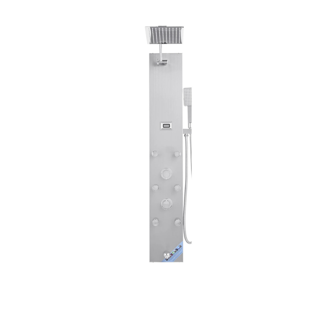 Aurora IV Compact Architectural Infrastructure 4-Function 304 Stainless Steel Tower with Dual Massage Jets and Integrated Hydroelectric Sanctuary Interface.