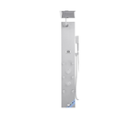 Aurora IV Compact Architectural Infrastructure 4-Function 304 Stainless Steel Tower with Dual Massage Jets and Integrated Hydroelectric Sanctuary Interface.