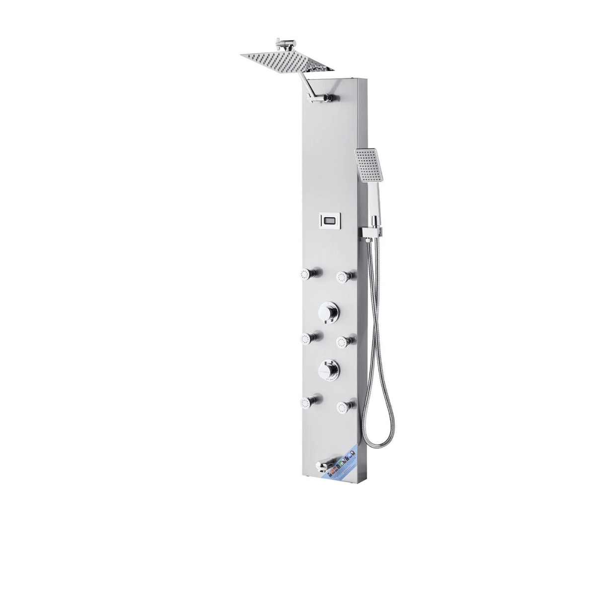 Full architectural profile of the Aurora IV Compact 304 Stainless Steel Tower featuring integrated rainfall head, dual massage jets, and hydroelectric interface.