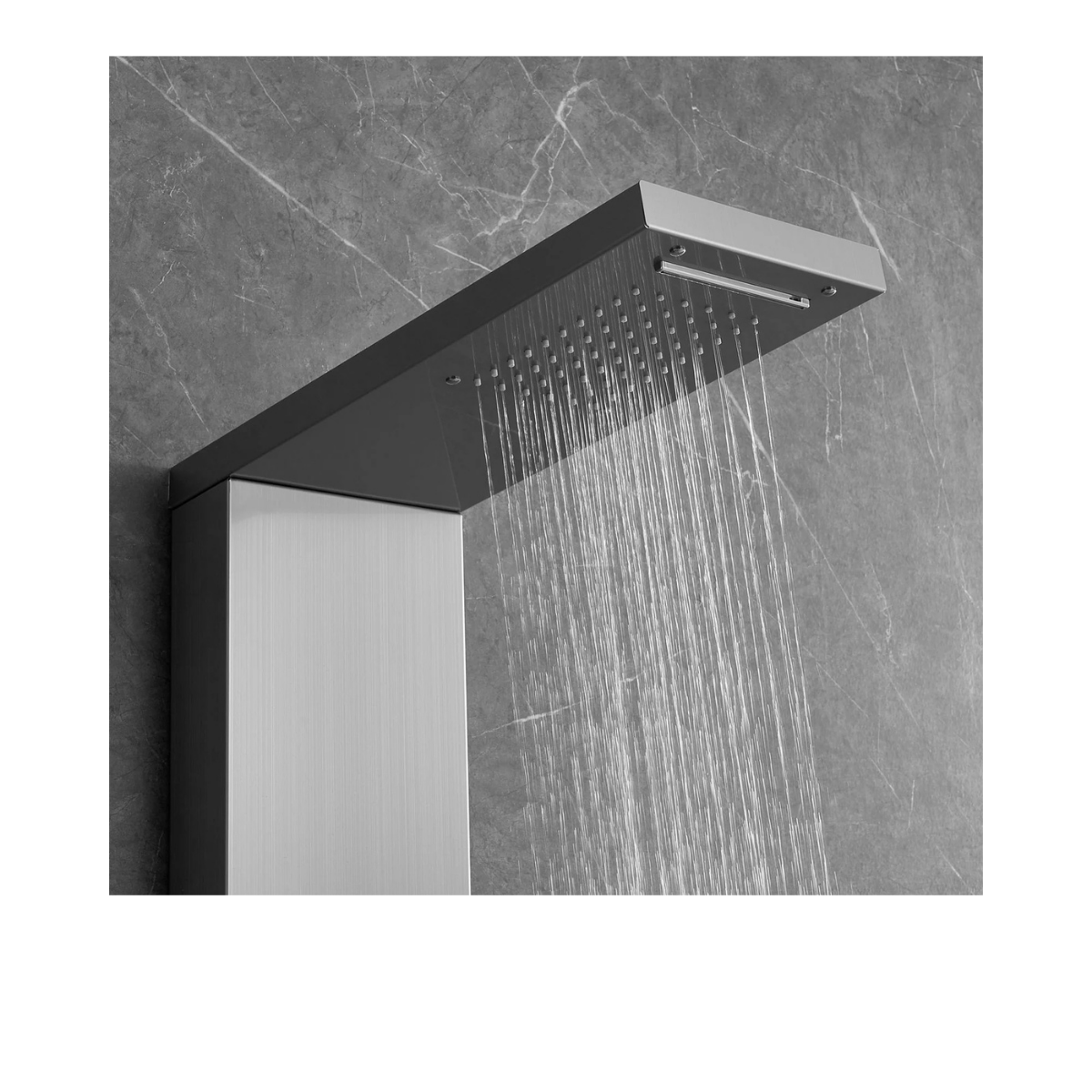 Aurora IV Prime Architectural Infrastructure in action featuring dual rainfall and waterfall sanctuary modes against a dark slate-textured wall.