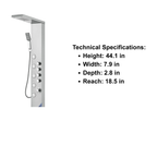  Front-facing architectural profile of the Aurora IV Prime 5-Jet Tower in brushed stainless steel, highlighting the vertical adaptive massage nozzle array.