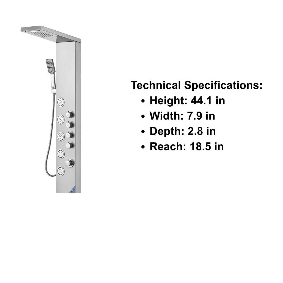  Front-facing architectural profile of the Aurora IV Prime 5-Jet Tower in brushed stainless steel, highlighting the vertical adaptive massage nozzle array.