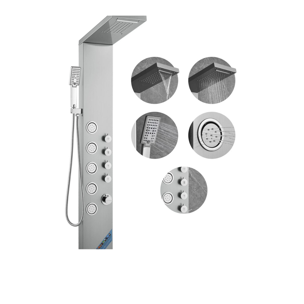 Functional matrix of the Aurora IV Prime featuring a 5-jet precision massage array, high-pressure rainfall, and handheld sanctuary utility in brushed 304 stainless steel.