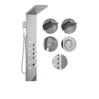 Functional matrix of the Aurora IV Prime featuring a 5-jet precision massage array, high-pressure rainfall, and handheld sanctuary utility in brushed 304 stainless steel.