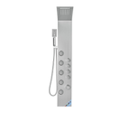 Frontal architectural view of the Aurora IV Prime 304 Stainless Steel Tower featuring a 5-jet precision massage array and integrated control interface.