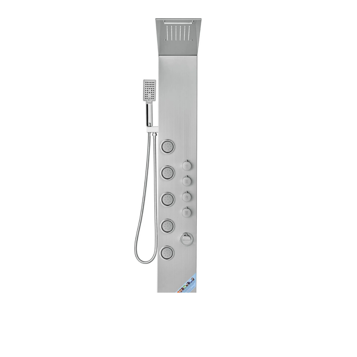 Frontal architectural view of the Aurora IV Prime 304 Stainless Steel Tower featuring a 5-jet precision massage array and integrated control interface.