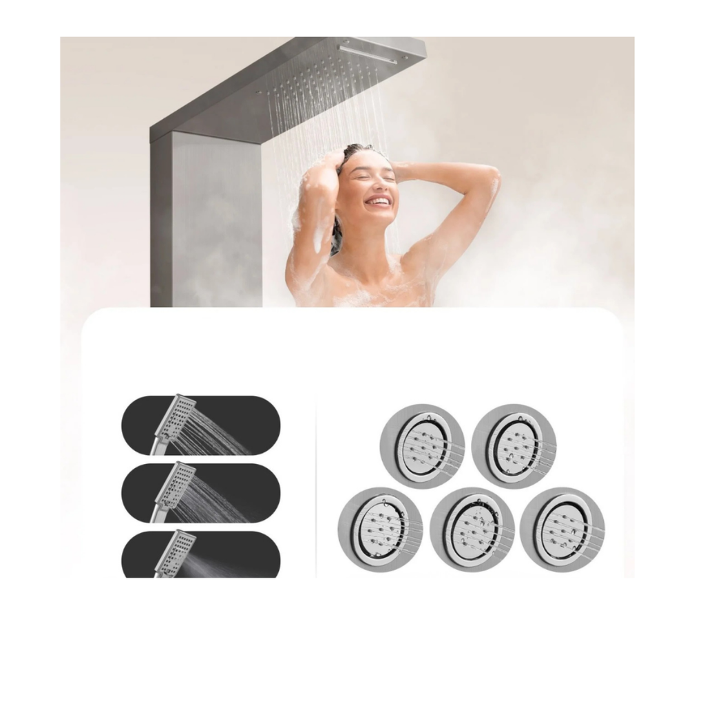 Macro architectural details of the Aurora IV Prime featuring a 3-setting precision handheld shower and 5 angle-adjustable massage recovery jets in 304 stainless steel.