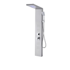 3/4 architectural profile of the Aurora V Tower in brushed stainless steel, highlighting the overhead LED rainfall canopy, geometric handheld wand, and triple massage jet array.