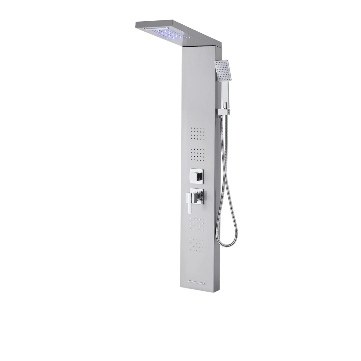3/4 architectural profile of the Aurora V Tower in brushed stainless steel, highlighting the overhead LED rainfall canopy, geometric handheld wand, and triple massage jet array.