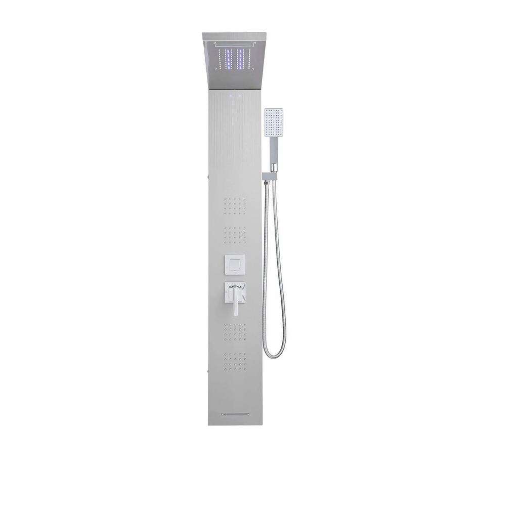 Primary architectural profile of the Aurora V 5-Function Hydro-Sanctuary Tower in brushed stainless steel, featuring the integrated digital interface and high-efficiency multi-nozzle array.