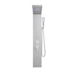 Primary architectural profile of the Aurora V 5-Function Hydro-Sanctuary Tower in brushed stainless steel, featuring the integrated digital interface and high-efficiency multi-nozzle array.