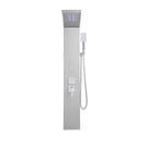 Primary architectural profile of the Aurora V 5-Function Hydro-Sanctuary Tower in brushed stainless steel, featuring the integrated digital interface and high-efficiency multi-nozzle array.