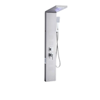 Dynamic 3/4 architectural profile of the Aurora V Tower in brushed stainless steel, featuring the high-pressure rainfall canopy with integrated blue LED lighting and triple-jet massage array.