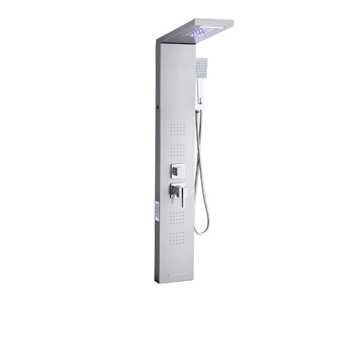 Dynamic 3/4 architectural profile of the Aurora V Tower in brushed stainless steel, featuring the high-pressure rainfall canopy with integrated blue LED lighting and triple-jet massage array.