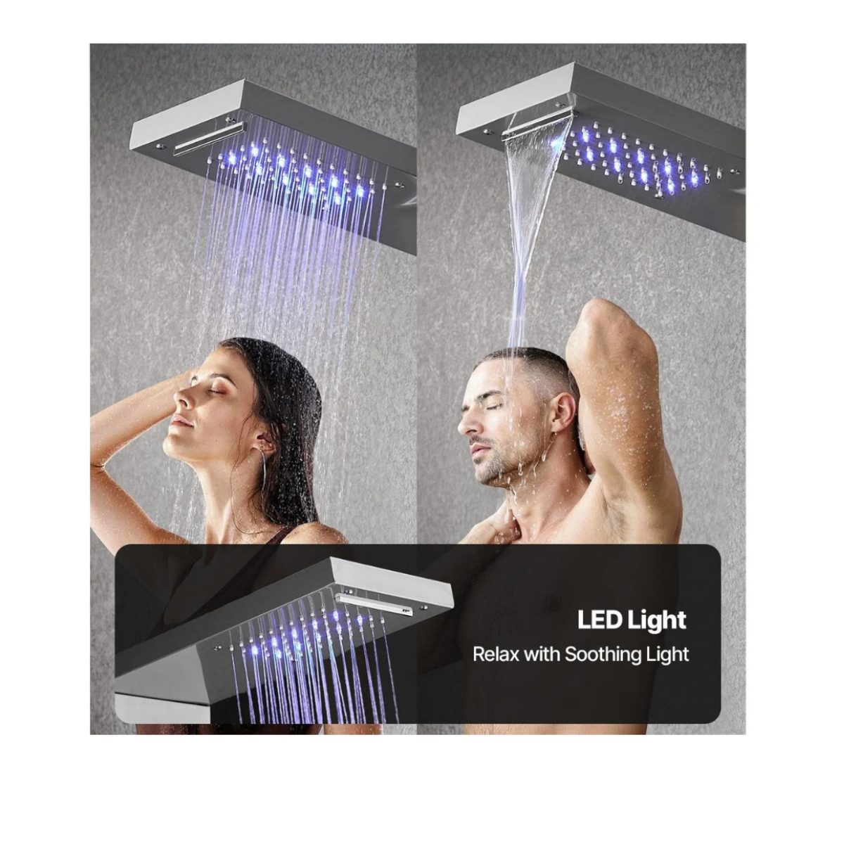 Functional matrix of the Aurora V overhead system, showcasing the dual high-strength rainfall and waterfall delivery modes with integrated blue LED atmospheric lighting.