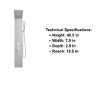Primary architectural profile of the Aurora V 5-Function Hydro-Sanctuary Tower in brushed stainless steel, featuring integrated body jets and a streamlined control manifold.