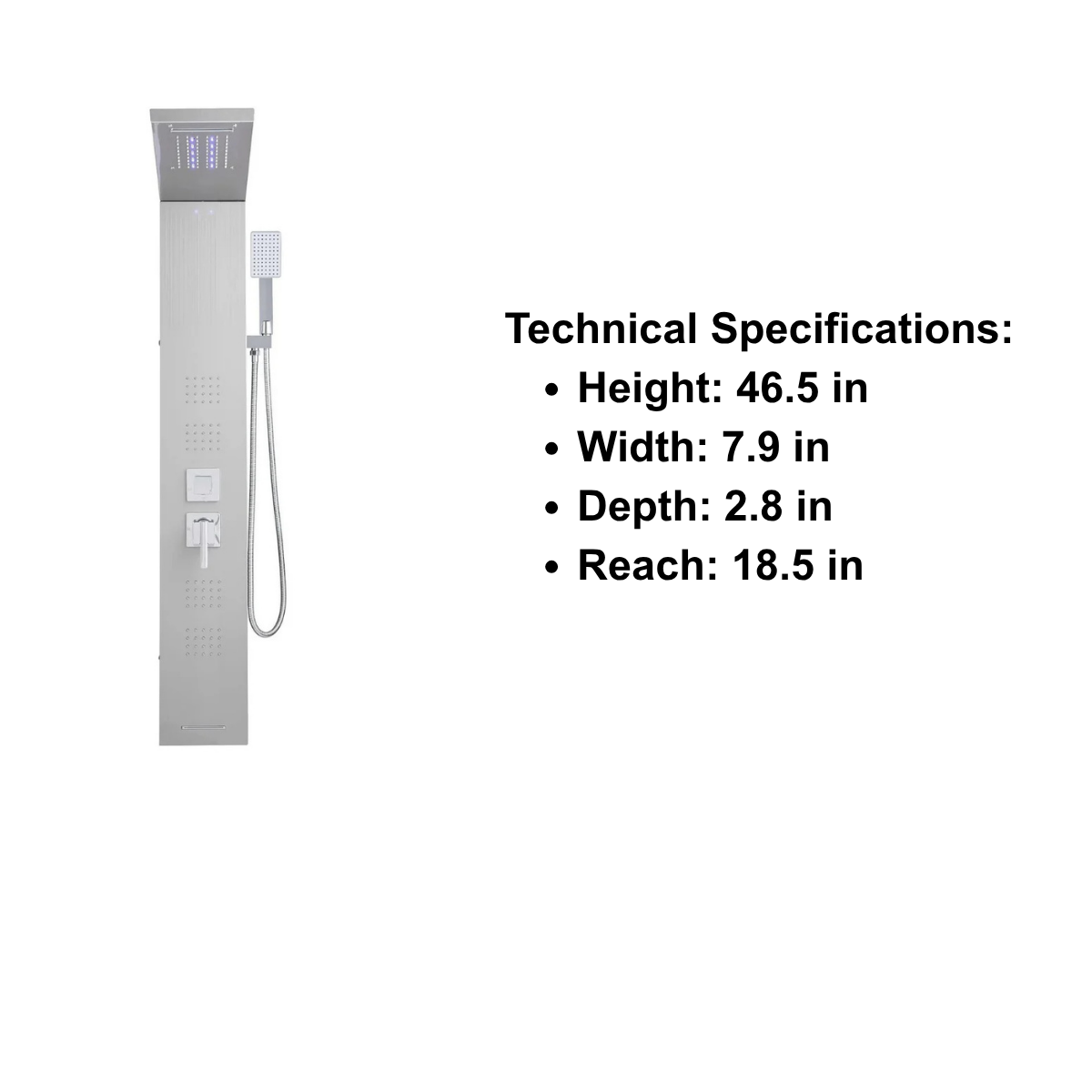 Primary architectural profile of the Aurora V 5-Function Hydro-Sanctuary Tower in brushed stainless steel, featuring integrated body jets and a streamlined control manifold.