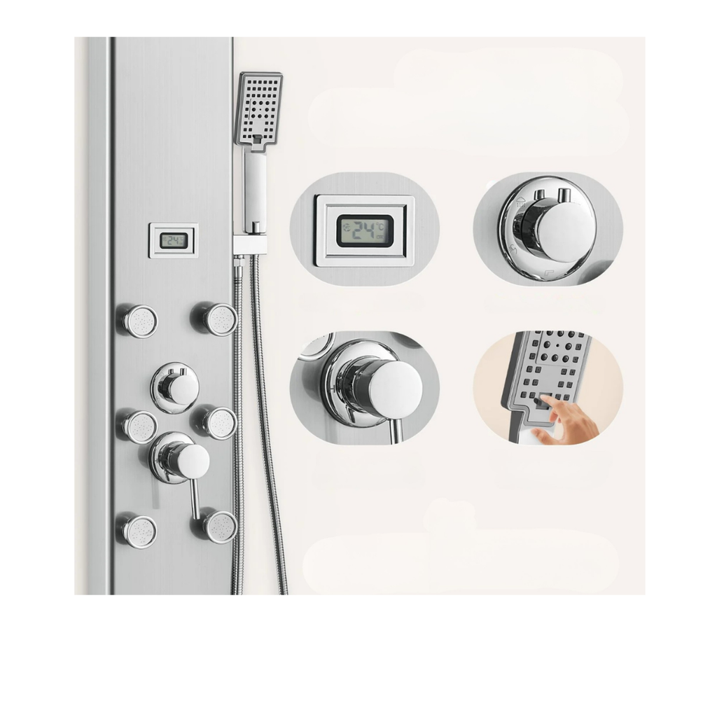 Macro architectural details of the Aurora V Matrix featuring brushed 304 stainless steel control dials, hydroelectric sanctuary interface, and precision spray nozzles.