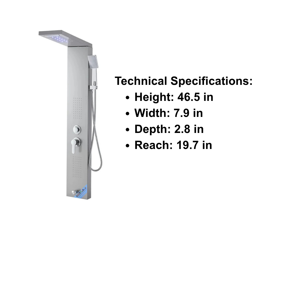 Front-facing architectural profile of the Aurora V Luxe 5-Function Tower in brushed stainless steel, featuring a seamless integrated column design.