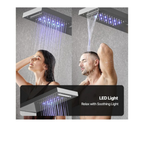 Aurora V Luxe Architectural Infrastructure featuring dual overhead rainfall and waterfall modes with integrated hydroelectric LED sanctuary lighting.