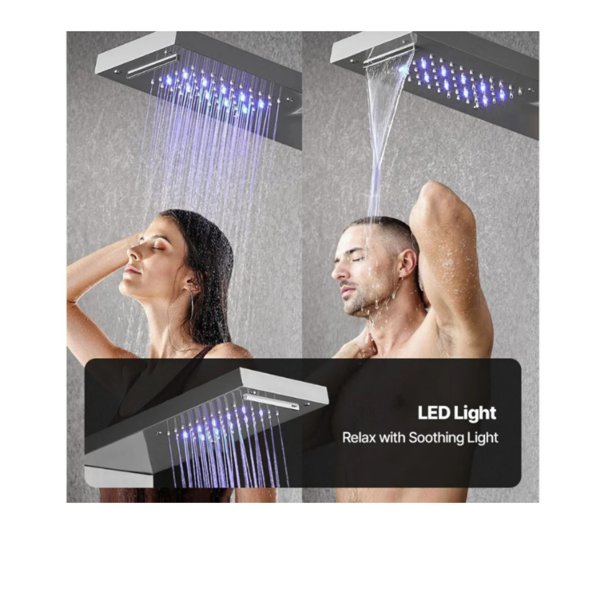 Aurora V Luxe Architectural Infrastructure featuring dual overhead rainfall and waterfall modes with integrated hydroelectric LED sanctuary lighting.