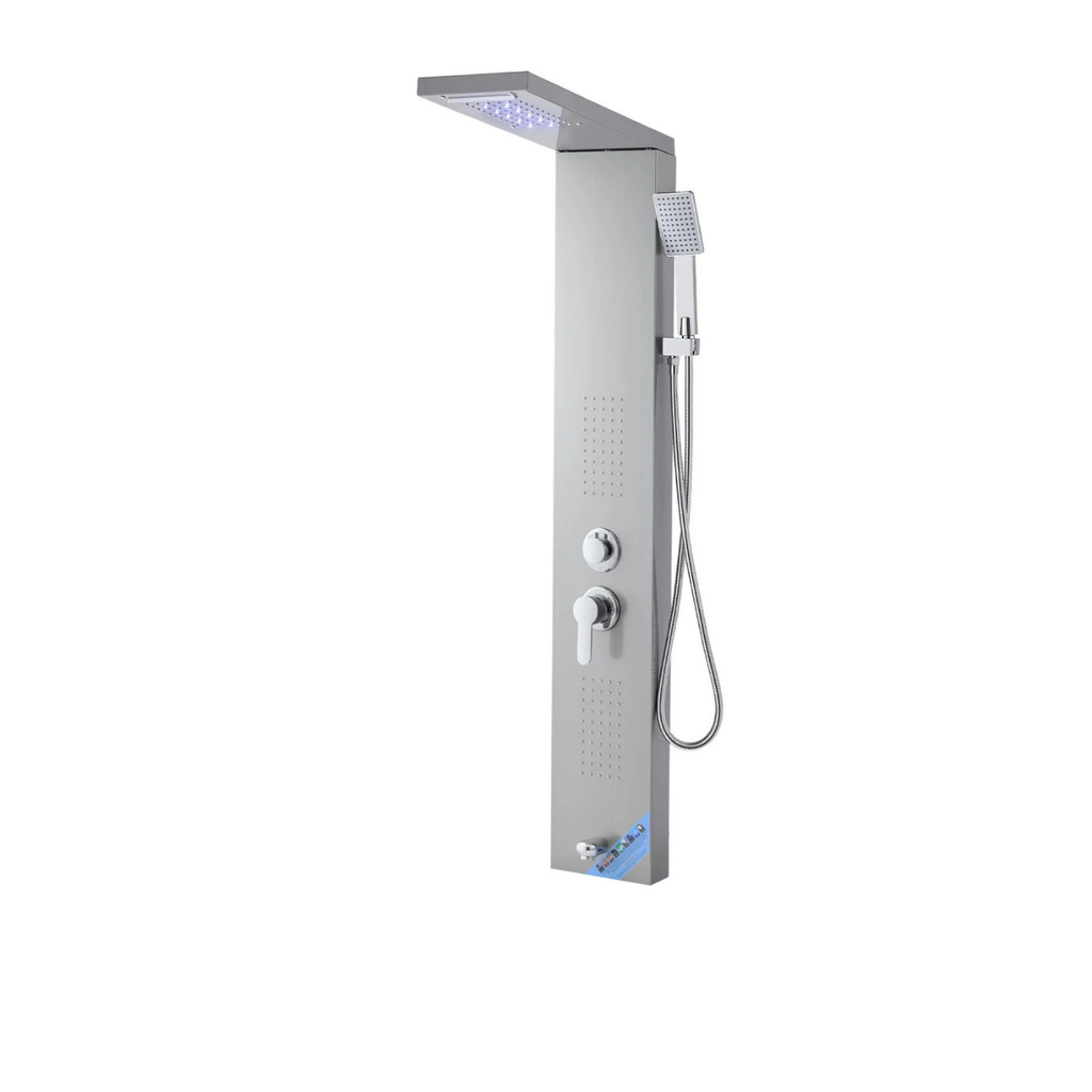 Aurora V Luxe Architectural Infrastructure 5-Function Integrated 304 Stainless Steel Shower Tower with Hydroelectric Sanctuary Interface and Rainfall head.