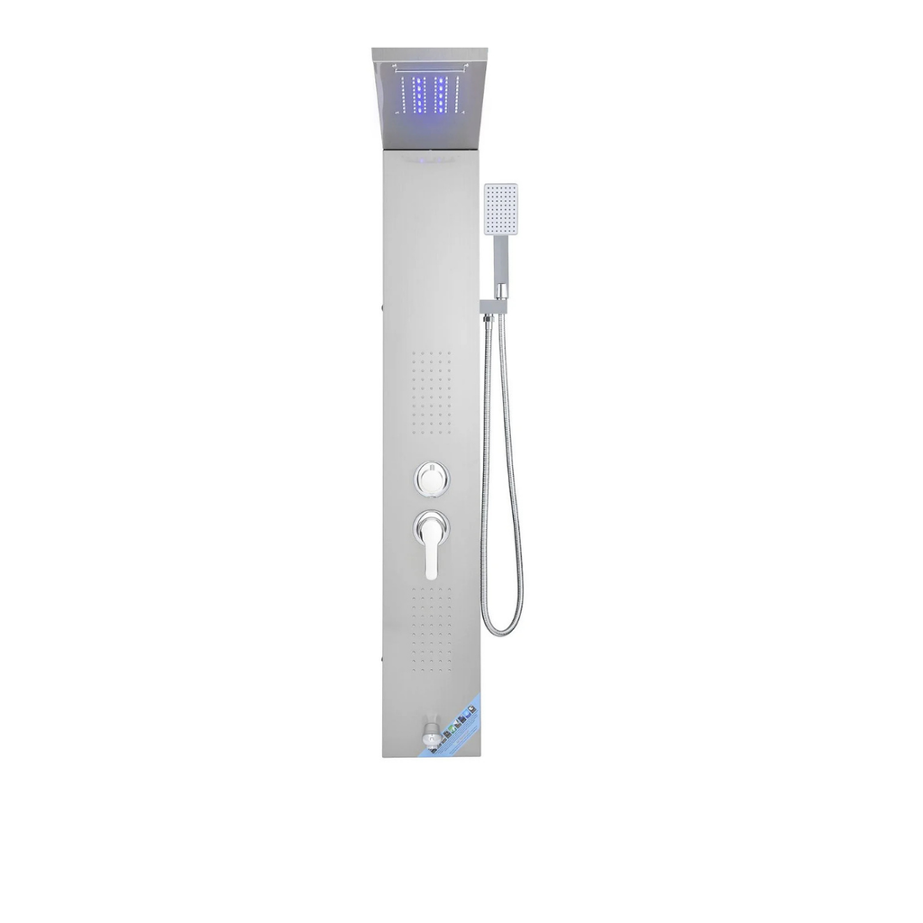 Aurora V Luxe Architectural Infrastructure 5-Function Integrated 304 Stainless Steel Shower Tower with Rainfall, Waterfall, and LED Sanctuary Interface.