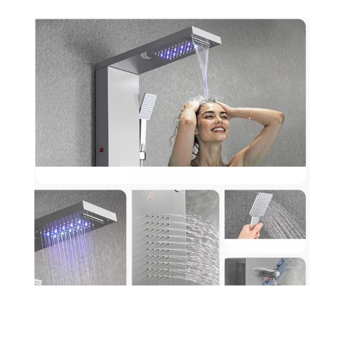 Macro architectural details of the Aurora V Luxe featuring rainfall, waterfall, dual body spray areas, and high-pressure handheld utility in 304 stainless steel.