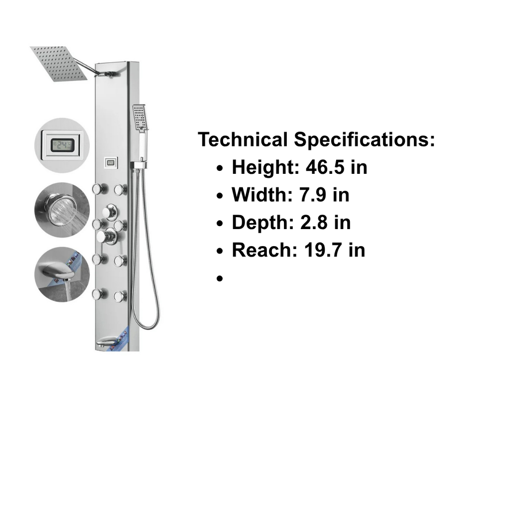 Front-facing architectural profile and functional matrix of the Aurora V 8-Jet Precision Recovery Tower in brushed stainless steel.