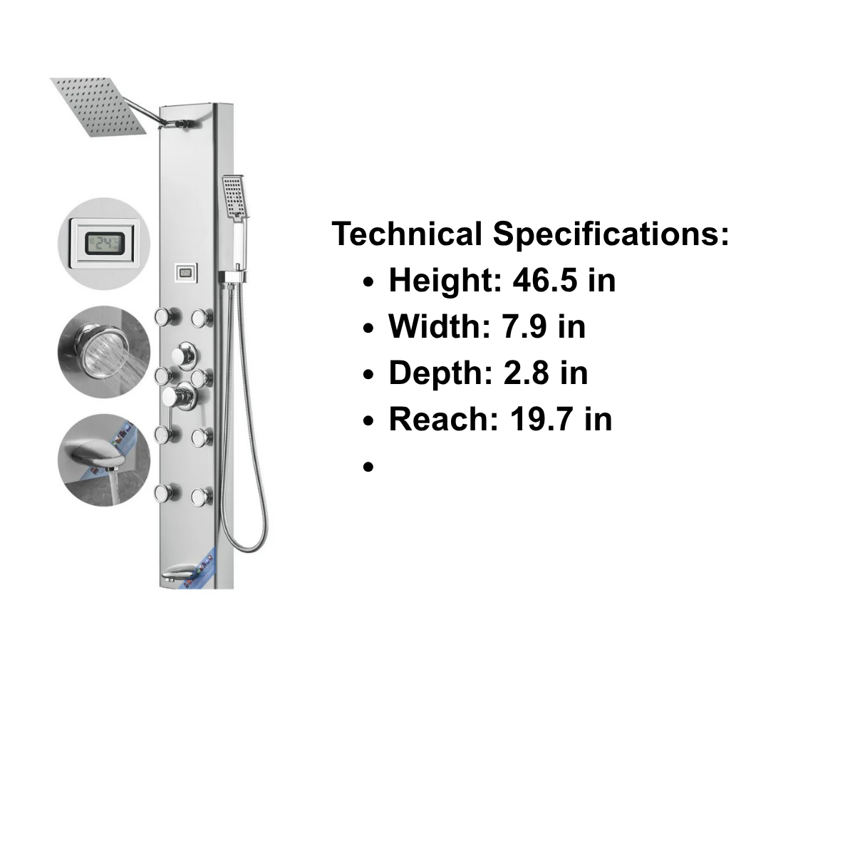 Front-facing architectural profile and functional matrix of the Aurora V 8-Jet Precision Recovery Tower in brushed stainless steel.