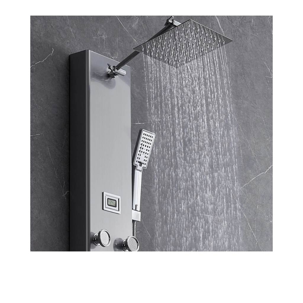 Aurora V Matrix Architectural Infrastructure in action featuring the high-pressure rainfall head and handheld spray on a slate-textured sanctuary wall.