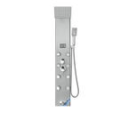 Full vertical profile of the Aurora V Matrix Architectural Infrastructure tower in brushed 304 stainless steel with integrated hydroelectric sanctuary display.