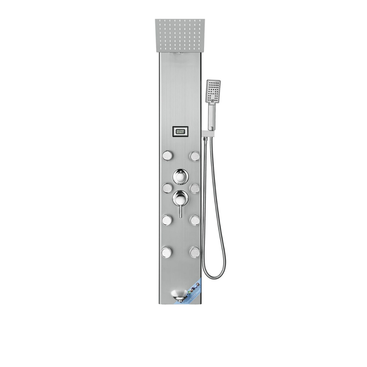 Full vertical profile of the Aurora V Matrix Architectural Infrastructure tower in brushed 304 stainless steel with integrated hydroelectric sanctuary display.
