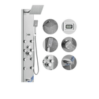 Technical overview of Aurora V Matrix shower tower including hydroelectric LED display, precision-engineered dials, and multi-function spray nozzles.