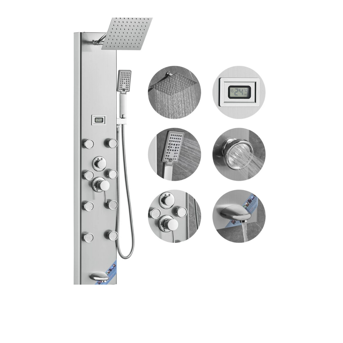 Technical overview of Aurora V Matrix shower tower including hydroelectric LED display, precision-engineered dials, and multi-function spray nozzles.
