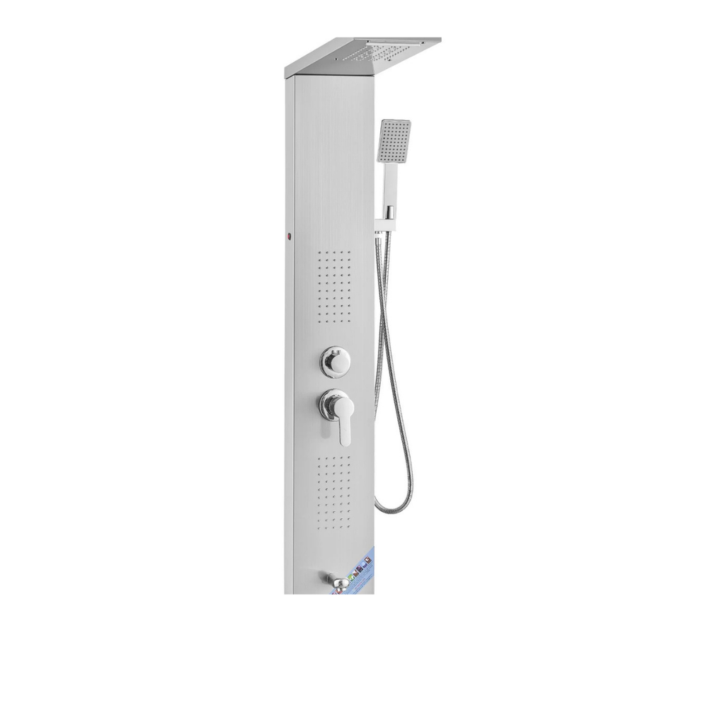 Angled architectural profile of the Aurora V-Max High-Pressure Tower, showcasing the overhead rainfall canopy and high-intensity dual-massage nozzle array in brushed 304 stainless steel.