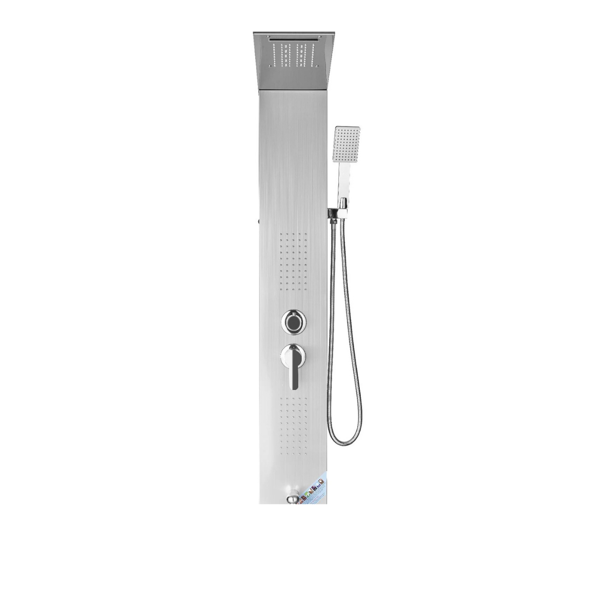 Primary architectural profile of the Aurora V-Max High-Pressure Massage Shower Tower in brushed stainless steel, featuring dual high-intensity massage nozzles and a streamlined control manifold.