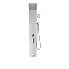 Front-facing architectural profile of the Aurora V-Max High-Pressure Tower in brushed stainless steel, highlighting the dual-massage nozzle array and geometric handheld wand.