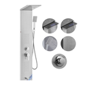 Functional matrix of the Aurora V-Max High-Pressure Tower featuring macro details of the dual high-intensity massage nozzles, rainfall canopy, and knurled command manifold in brushed stainless steel.