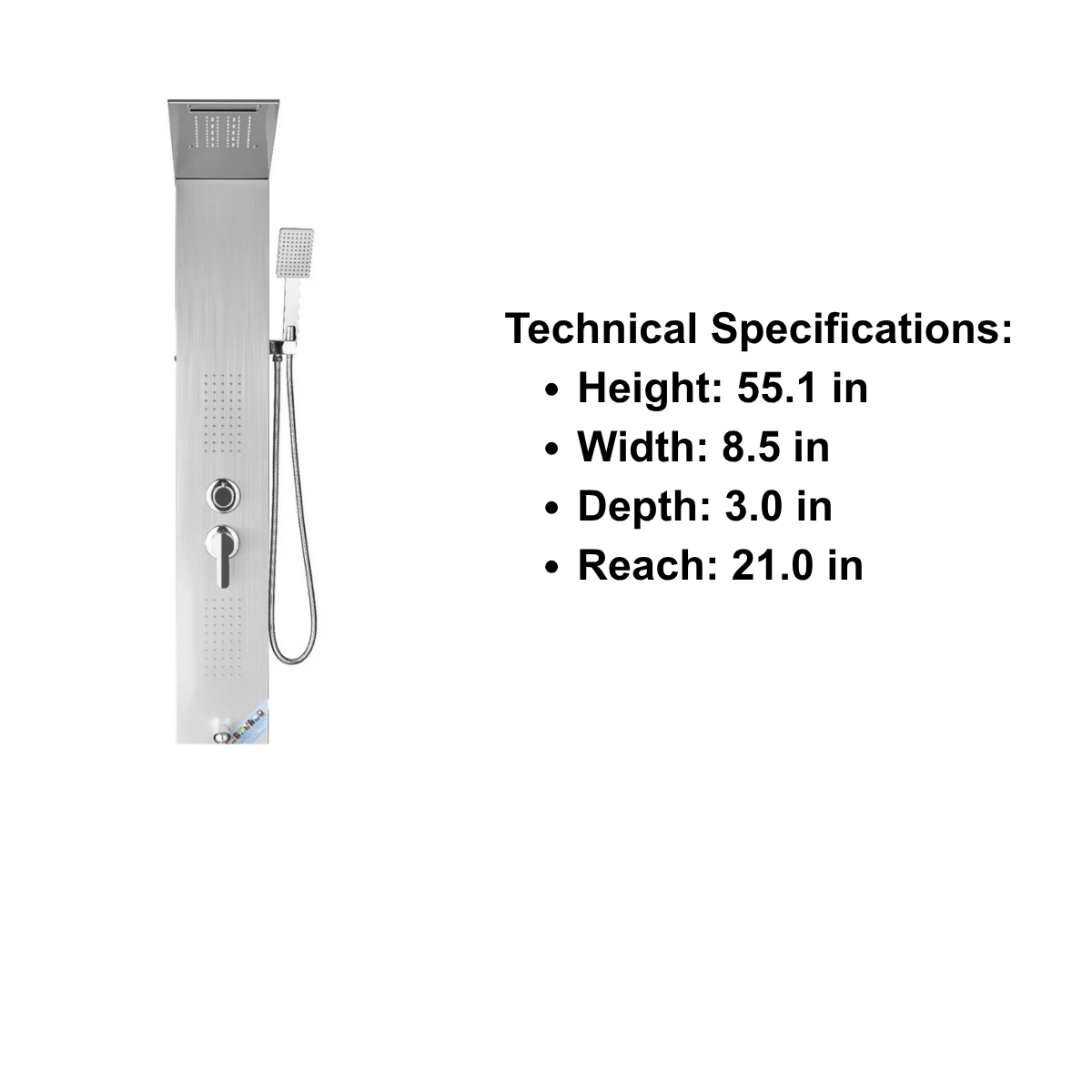  Primary architectural profile of the Aurora V-Max High-Pressure Tower in brushed stainless steel, featuring dual high-intensity massage nozzles and an extended reach canopy.